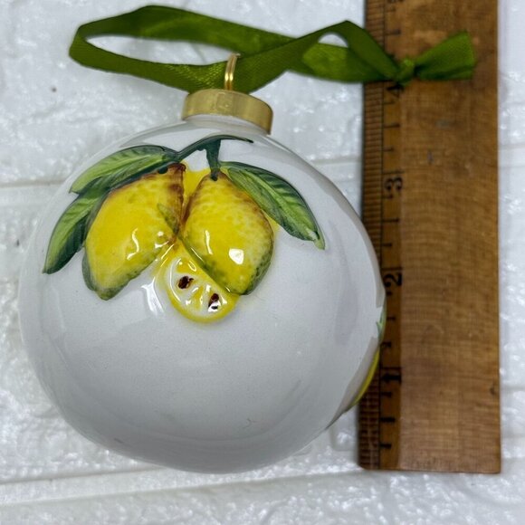 Hand-Painted Ceramic Lemon Ornament Green Ribbon Christmas Bulb Ball White - Picture 5 of 5